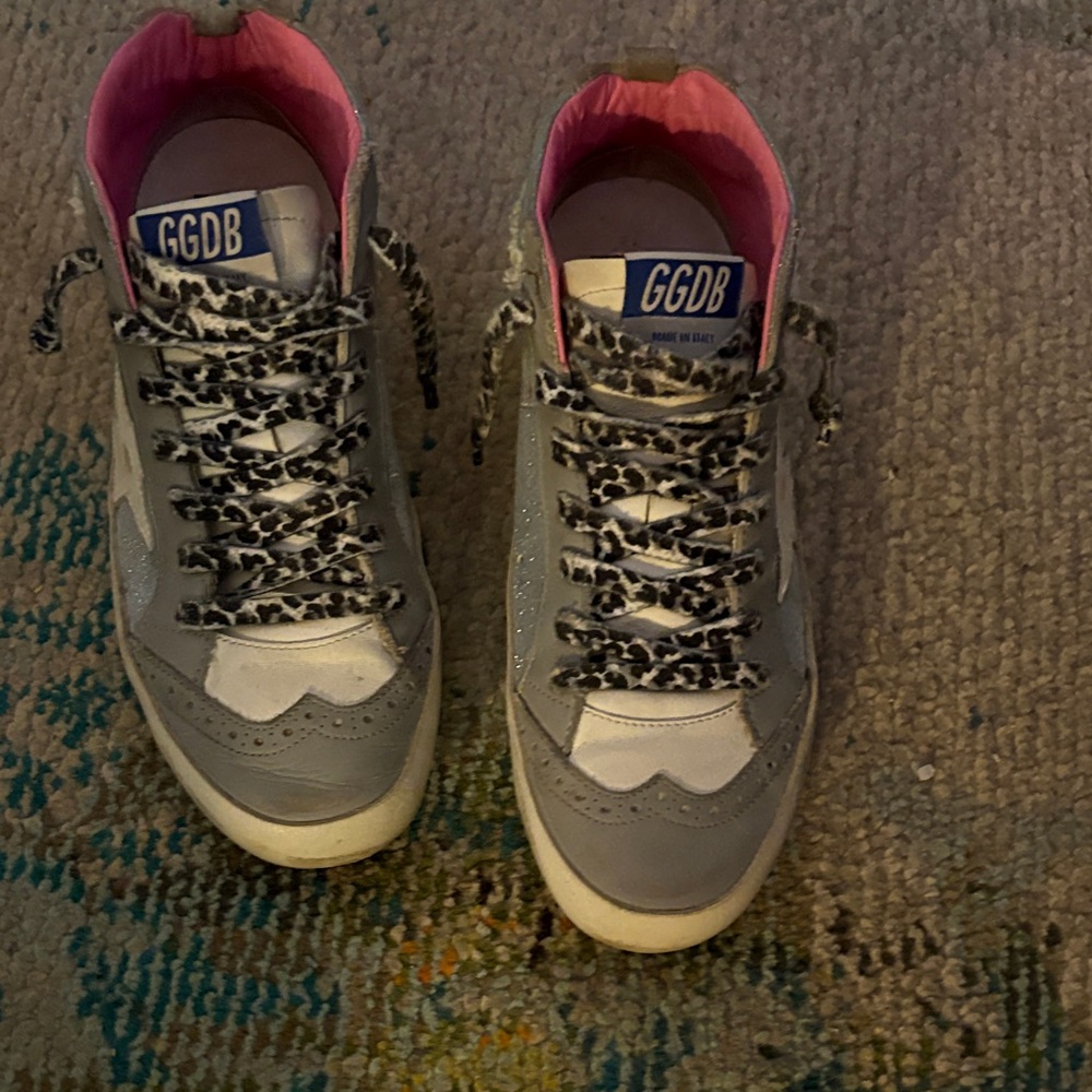 Golden Goose Gray White Pink Leopard-Print High-Top Sneakers